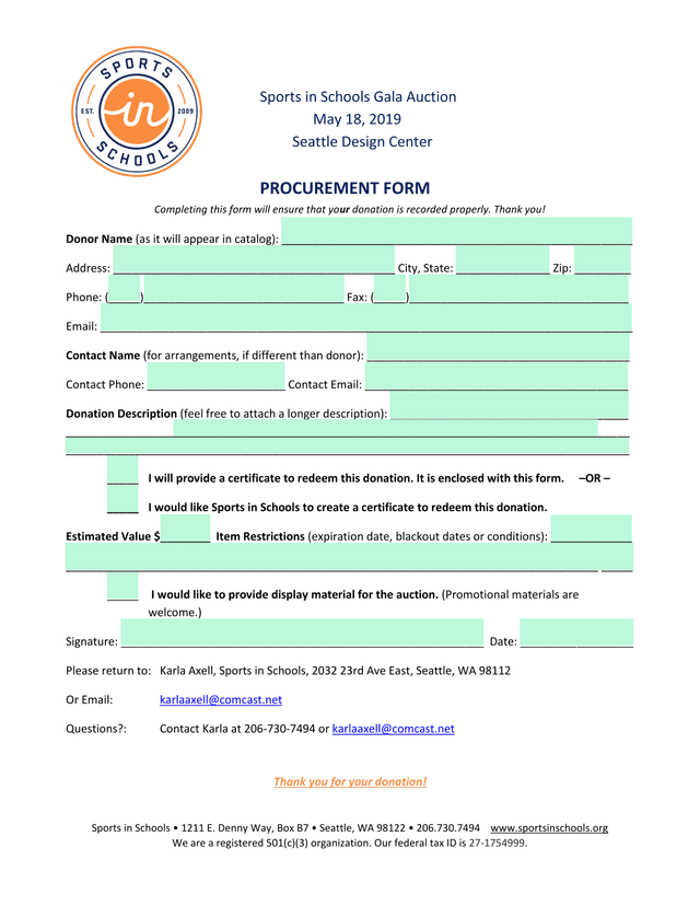 Sports In Schools Gala Auction Procurement Form screenshot