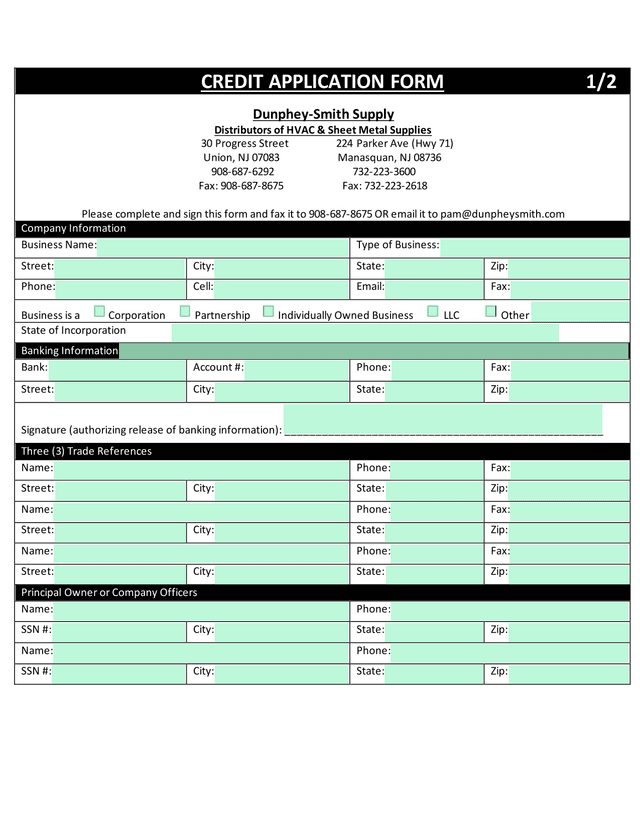 CREDIT APPLICATION FORM screenshot