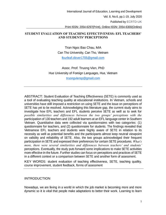 Student Evaluation Of Teaching Effectiveness EFL Teachers And Students Perceptions screenshot