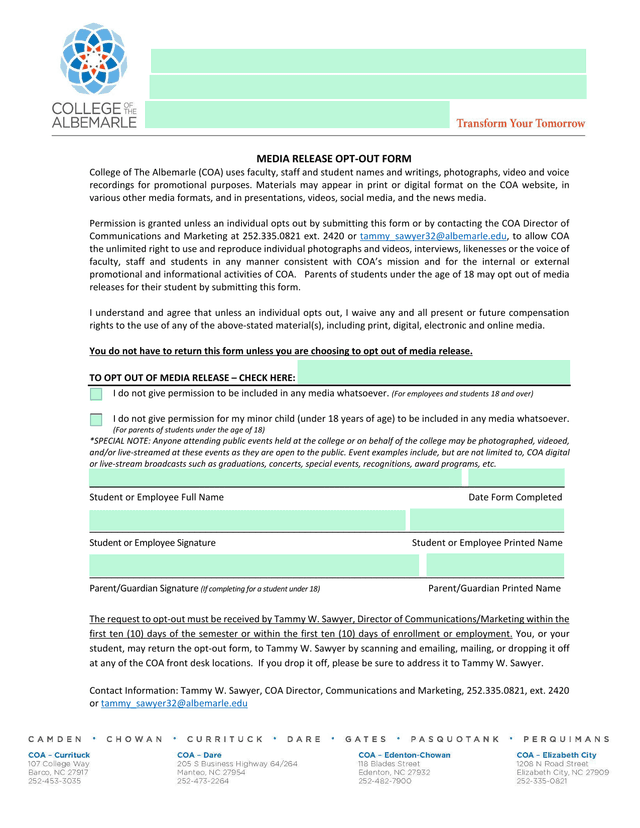 Media Release Opt Out Form screenshot