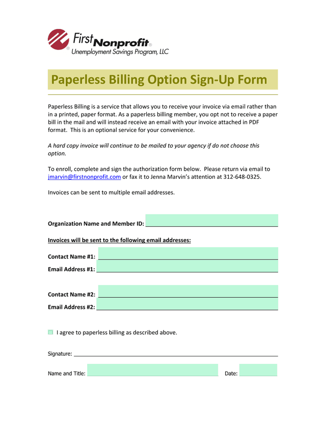 Paperless Billing Option SignUp Form screenshot