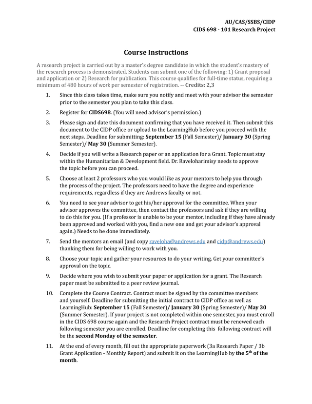 CIDS 698   101 Research Project Course Instructions screenshot