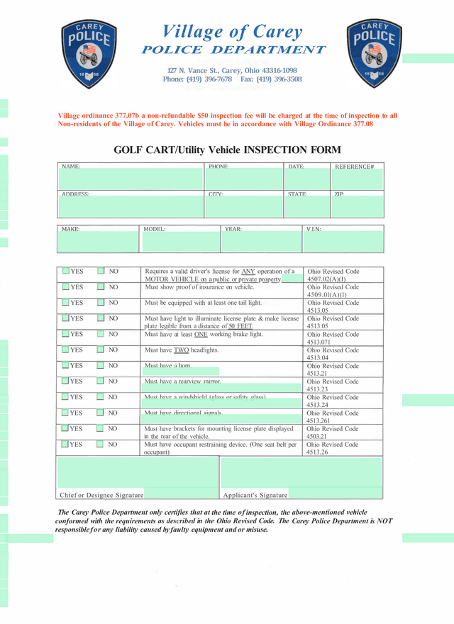 Golf CartUtility Vehicle Inspection Form screenshot