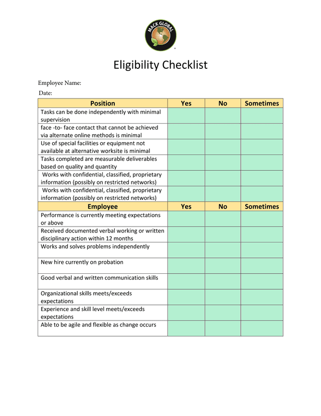 Eligibility Checklist screenshot