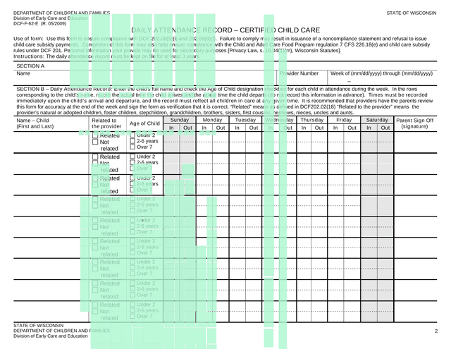DAILY ATTENDANCE RECORD  CERTIFIED CHILD CARE screenshot