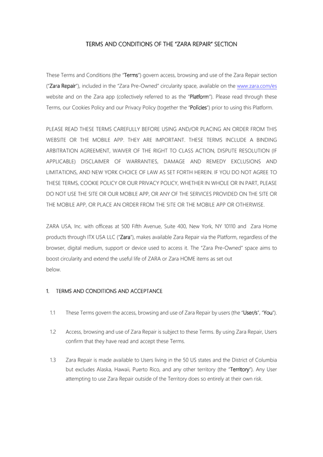 Terms And Conditions Of The Zara Repair Section screenshot