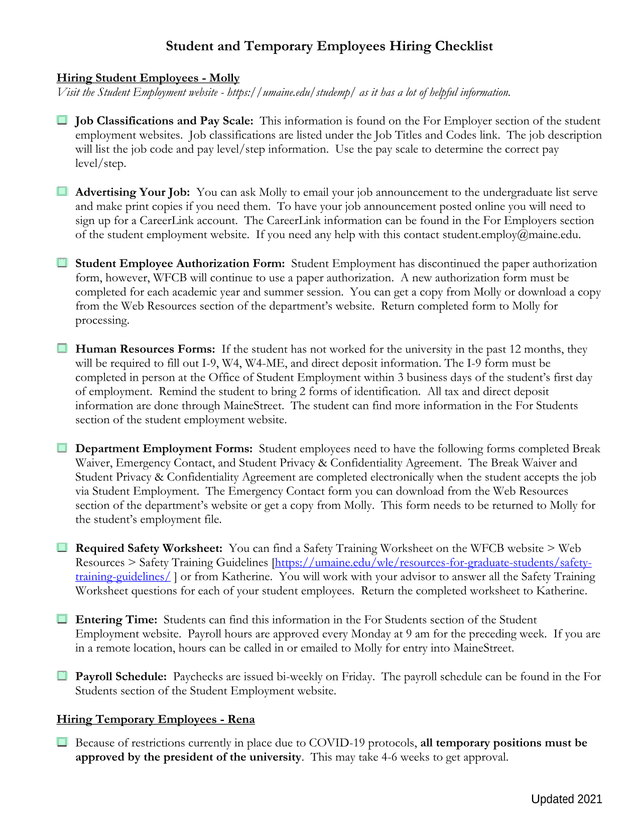 Student And Temporary Employees Hiring Checklist screenshot