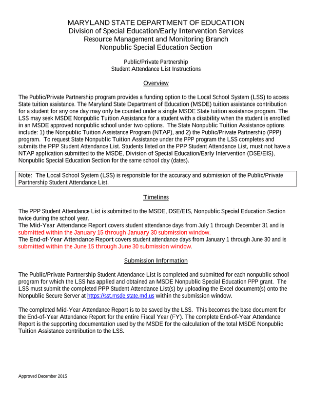 PublicPrivate Partnership Student Attendance List Instructions screenshot