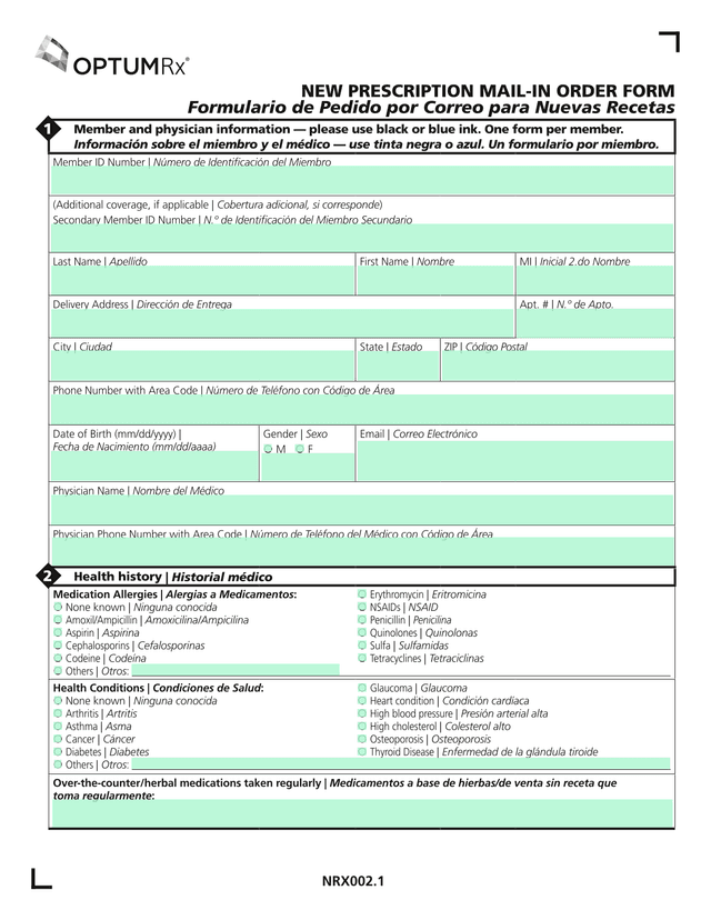 NRX002.1 New Prescription Mail In Order Form screenshot