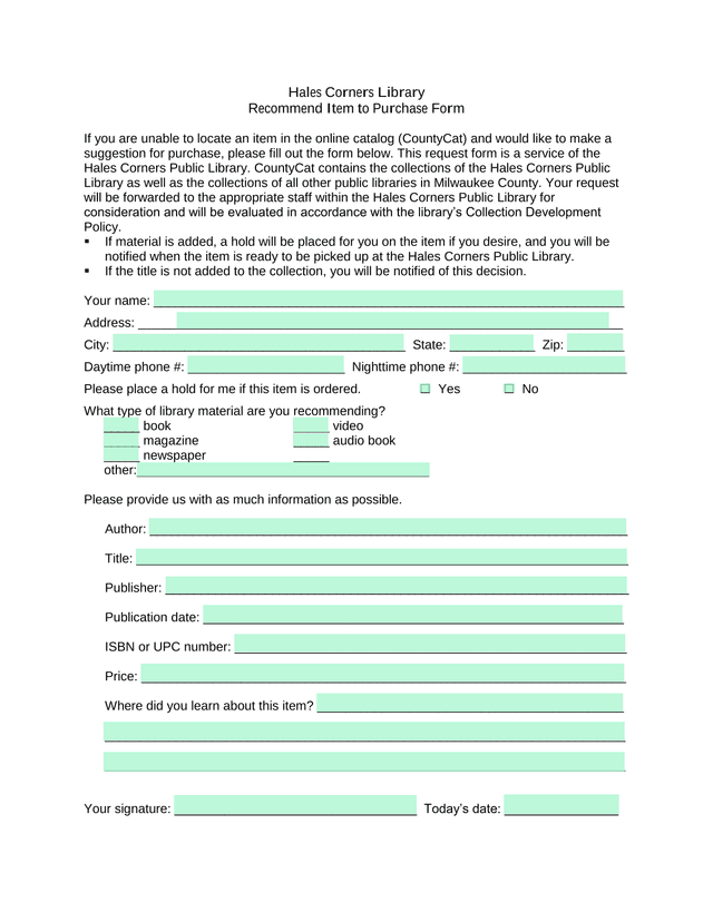 Hales Corners Library Recommend Item To Purchase Form screenshot