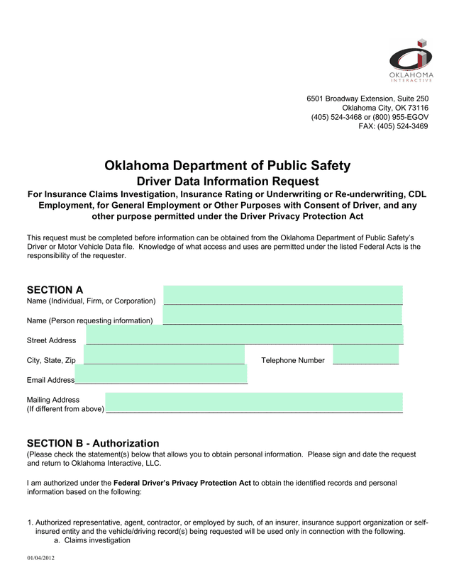 Oklahoma Department Of Public Safety Driver Data Information Request screenshot