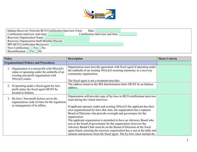 Indiana Recovery Network RCO Certification Interview Form screenshot