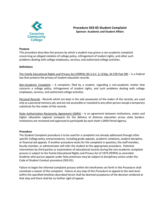 Procedure 503 05 Student Complaint screenshot
