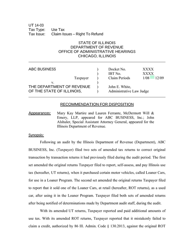 UT 14 03 Use Tax Recommendation For Disposition screenshot