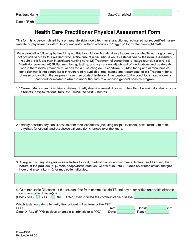 Form 4506 Health Care Practitioner Physical Assessment Form screenshot