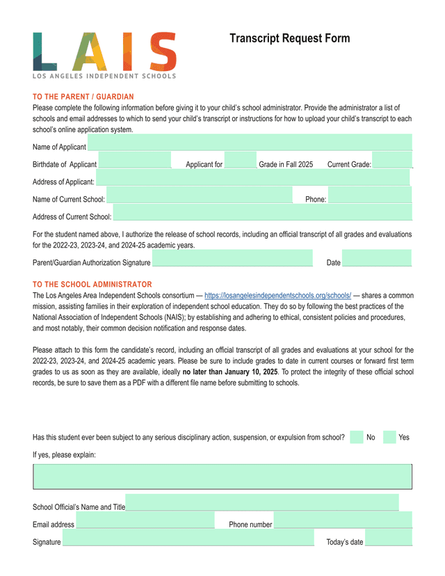 Transcript Request Form screenshot