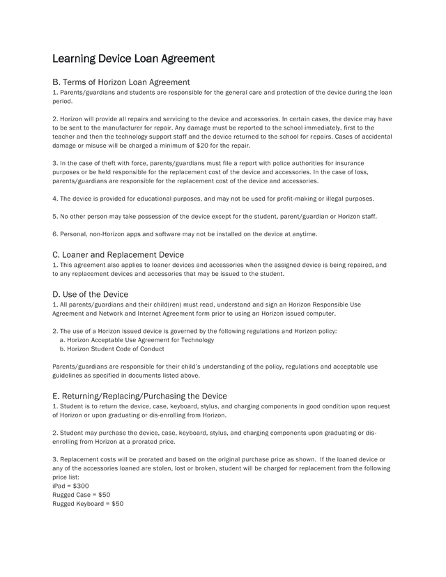 Learning Device Loan Agreement screenshot