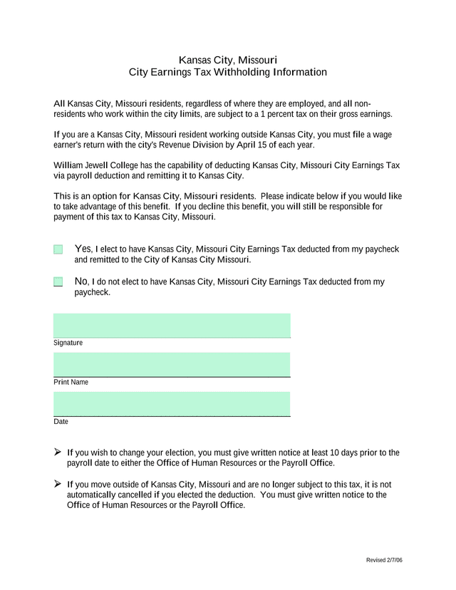 Kansas City, Missouri City Earnings Tax Withholding Information screenshot