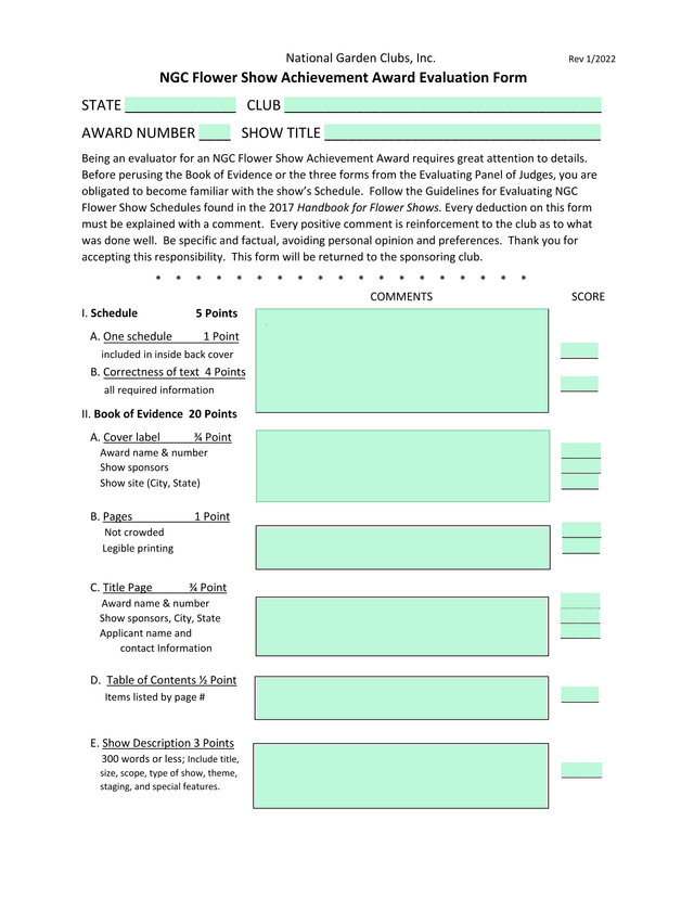 NGC Flower Show Achievement Award Evaluation Form screenshot