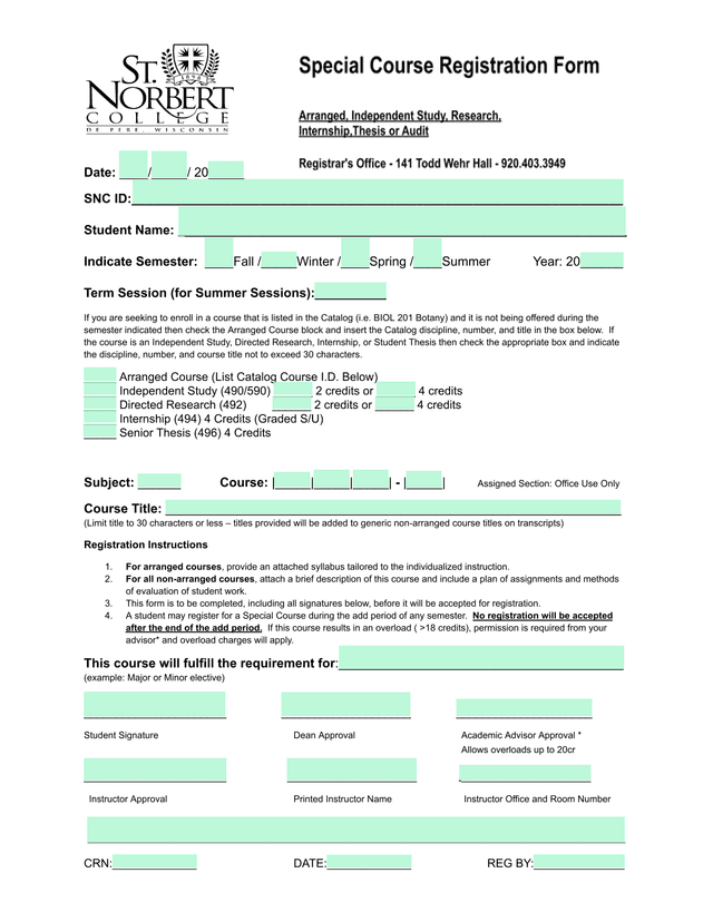 Special Course Registration Form screenshot