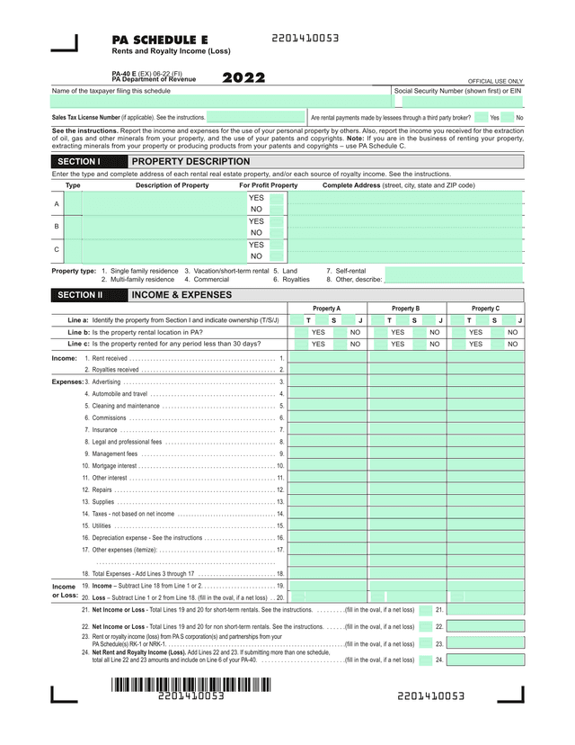 PA Schedule E   Rents And Royalty Income (Loss) screenshot