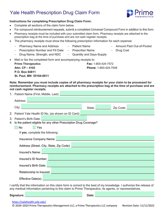 Yale Health Prescription Drug Claim Form screenshot