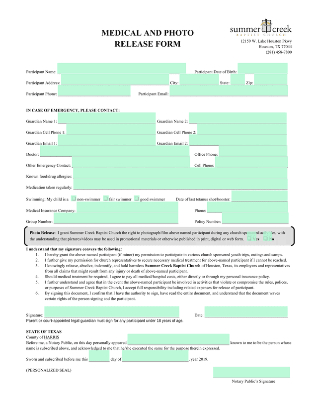 Medical And Photo Release Form screenshot