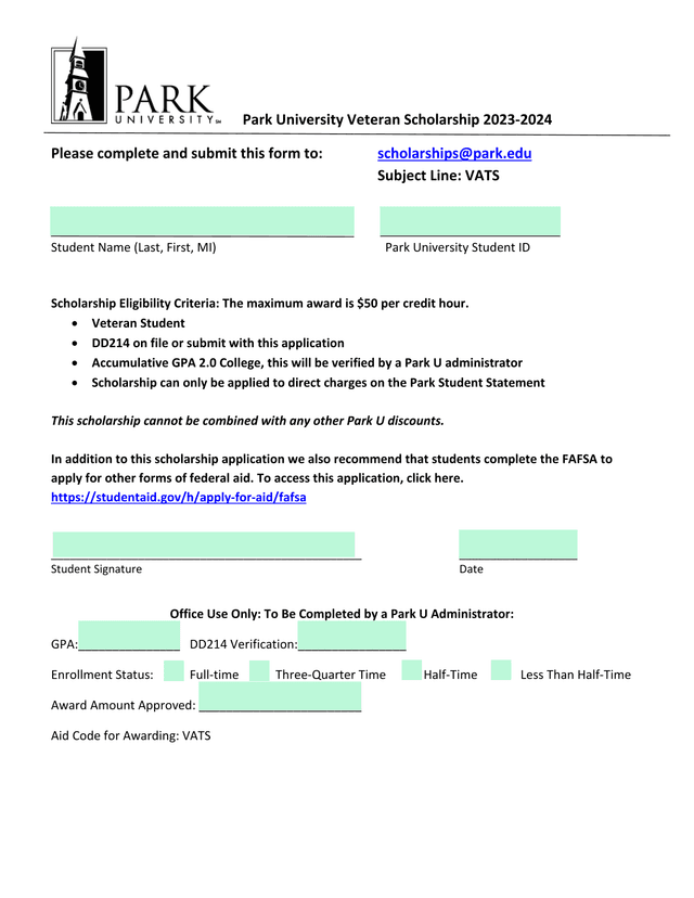 Park University Veteran Scholarship 2023 2024 screenshot
