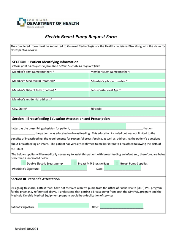 Electric Breast Pump Request Form screenshot