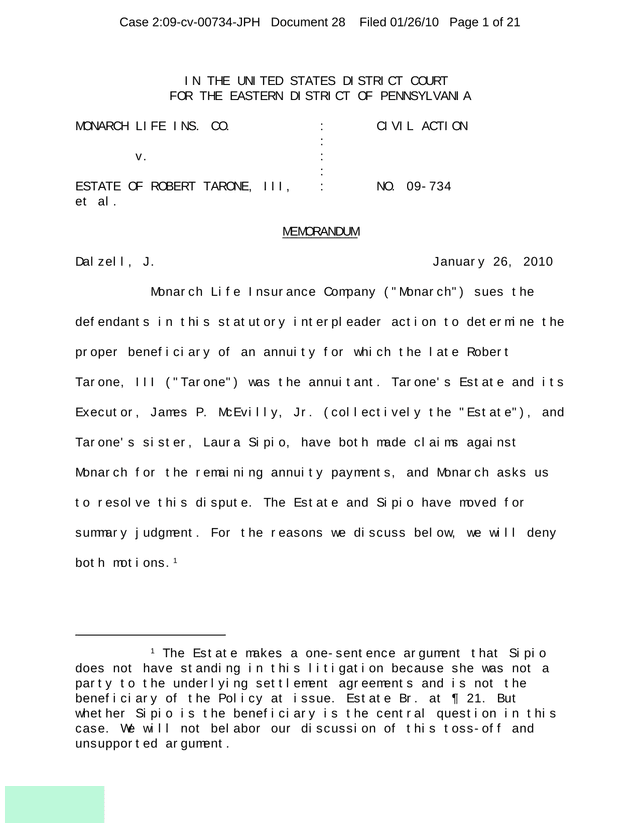Monarch Life Ins. Co. V. Estate Of Robert Tarone, III screenshot