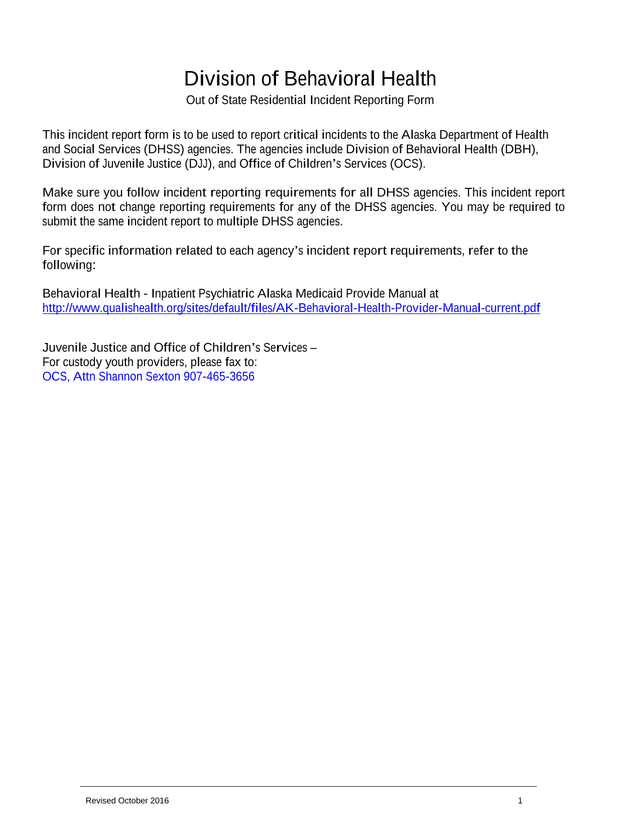 Out Of State Residential Incident Reporting Form screenshot