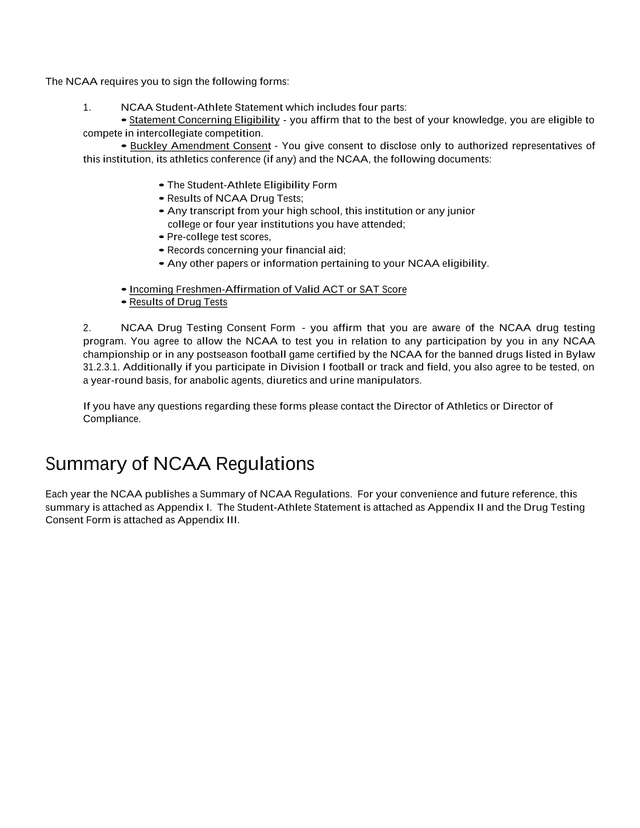 NCAA Student Athlete Statement And Drug Testing Consent Form screenshot