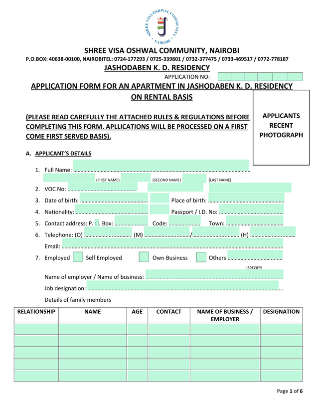 APPLICATION FORM FOR AN APARTMENT IN JASHODABEN K. D. RESIDENCY ON RENTAL BASIS screenshot