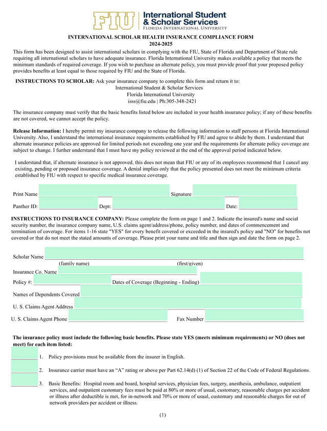 INTERNATIONAL SCHOLAR HEALTH INSURANCE COMPLIANCE FORM screenshot