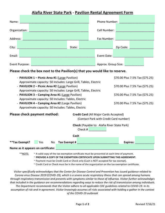 Alafia River State Park   Pavilion Rental Agreement Form screenshot