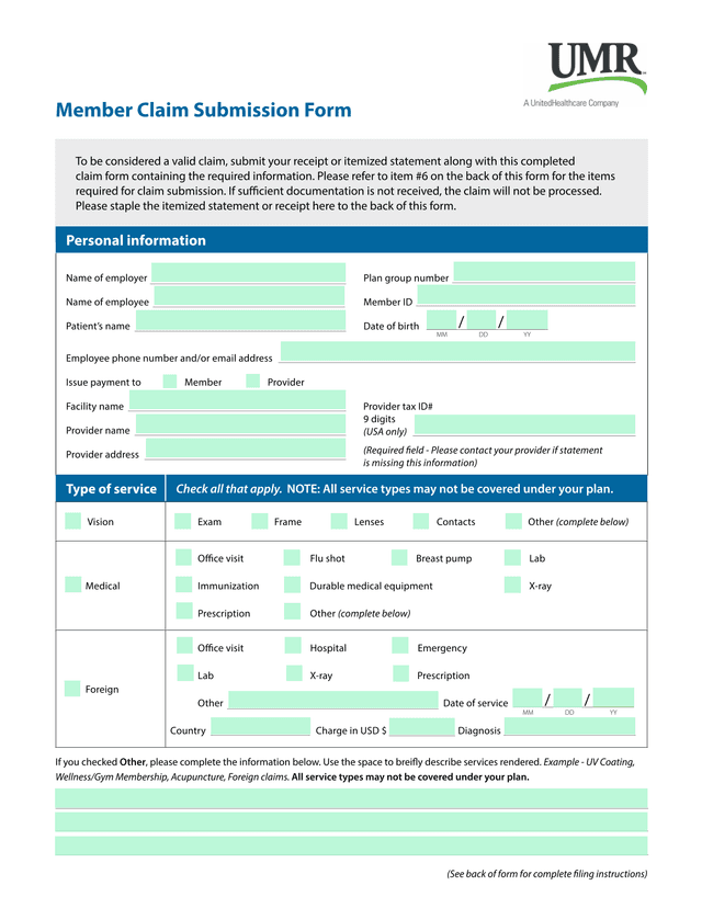 Member Claim Submission Form screenshot