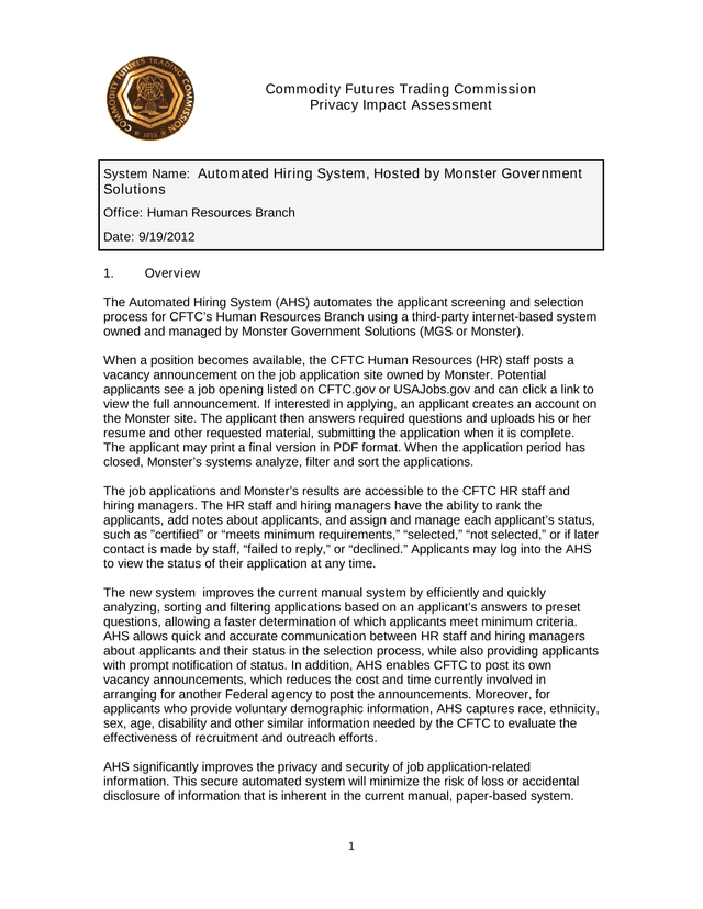 Commodity Futures Trading Commission Privacy Impact Assessment screenshot