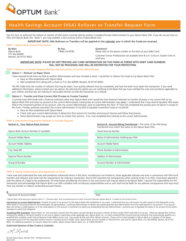 Health Savings Account (HSA) Rollover Or Transfer Request Form screenshot