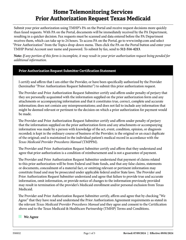 Home Telemonitoring Services Prior Authorization Request Texas Medicaid screenshot