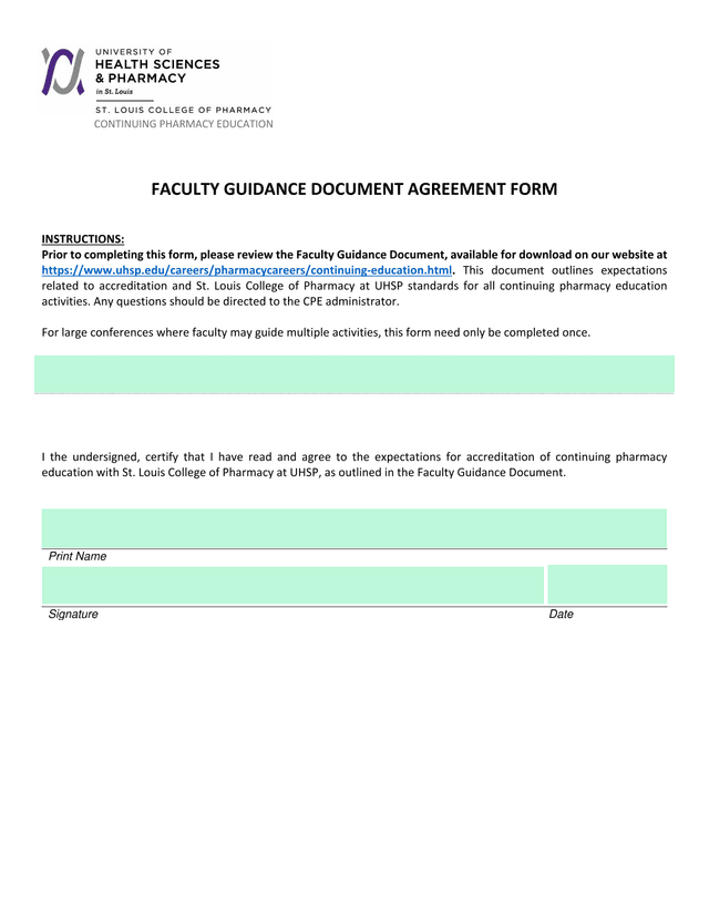 Faculty Guidance Document Agreement Form screenshot