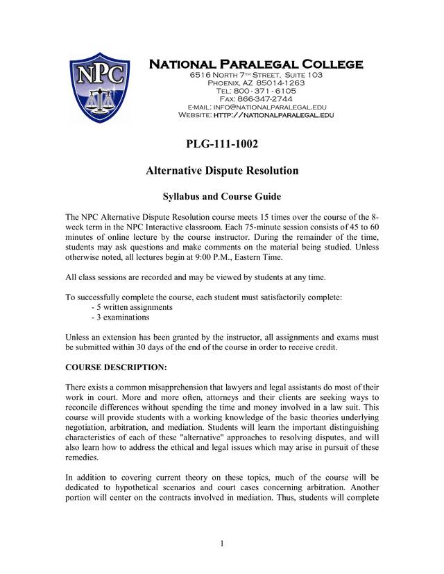 Alternative Dispute Resolution Syllabus And Course Guide screenshot