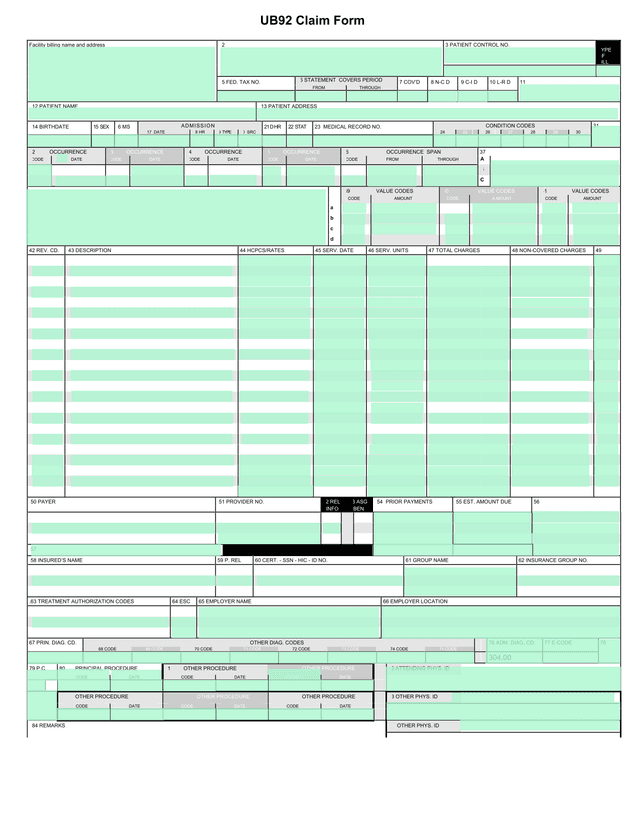 UB92 Claim Form screenshot