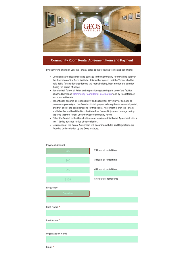 Community Room Rental Agreement Form And Payment screenshot