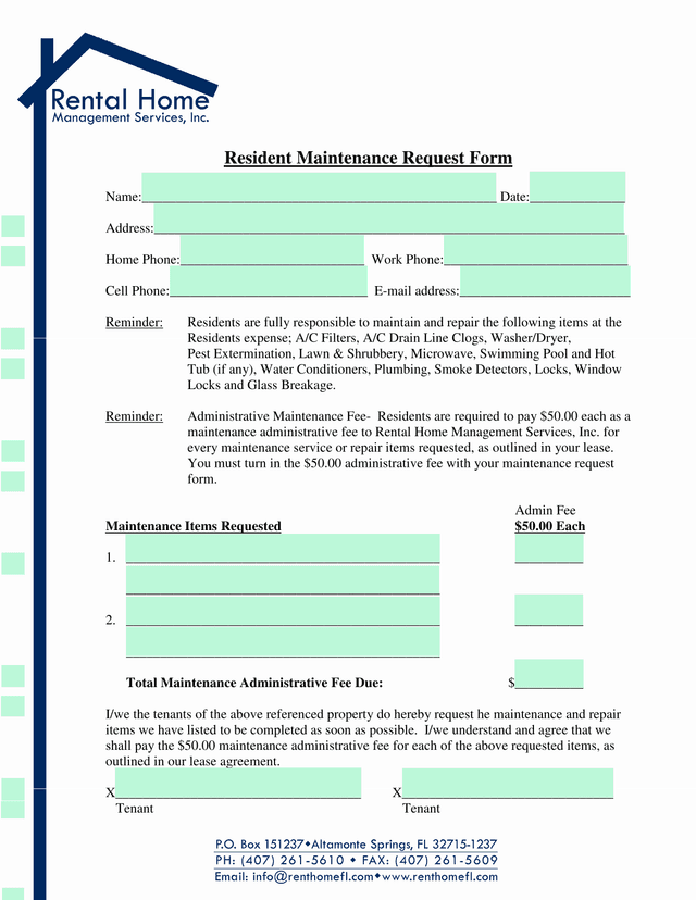Resident Maintenance Request Form screenshot