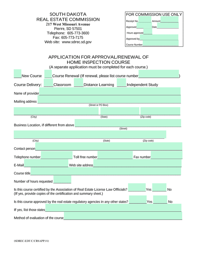 APPLICATION FOR APPROVALRENEWAL OF HOME INSPECTION COURSE screenshot