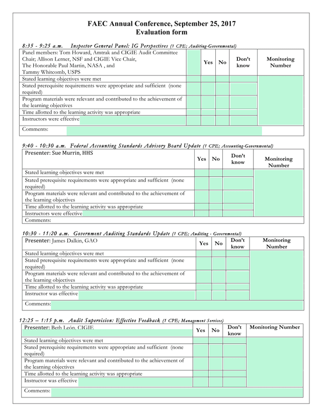 FAEC Annual Conference Evaluation Form screenshot