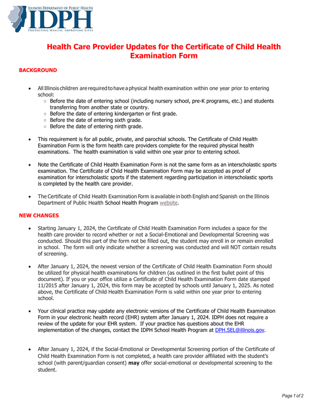 Certificate Of Child Health Examination Form Updates screenshot