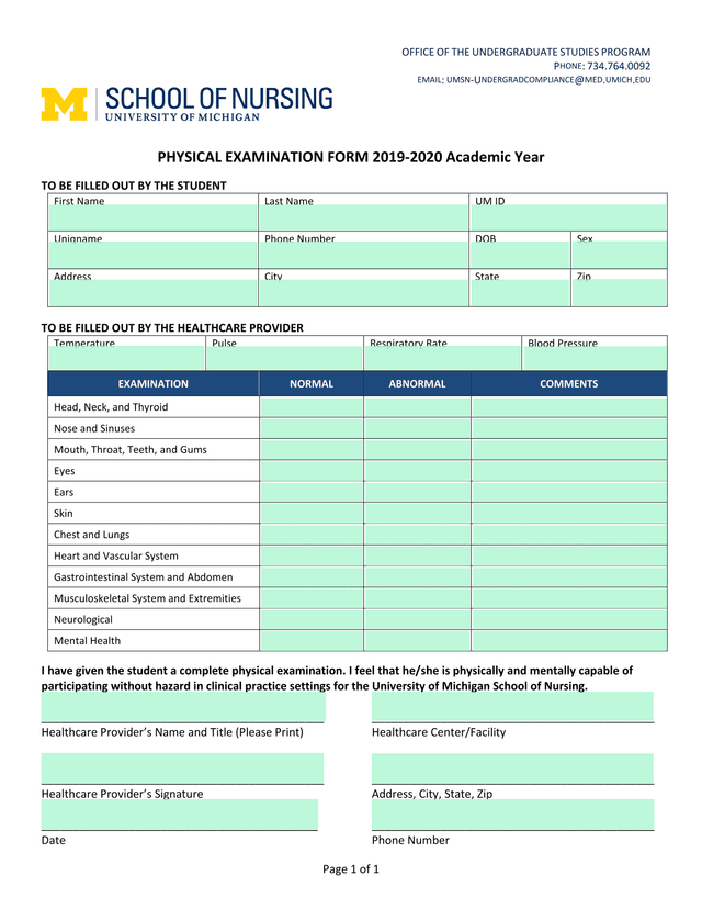 PHYSICAL EXAMINATION FORM 2019 2020 Academic Year screenshot
