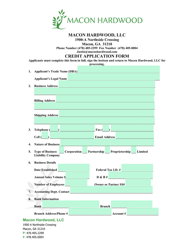 Credit Application Form screenshot