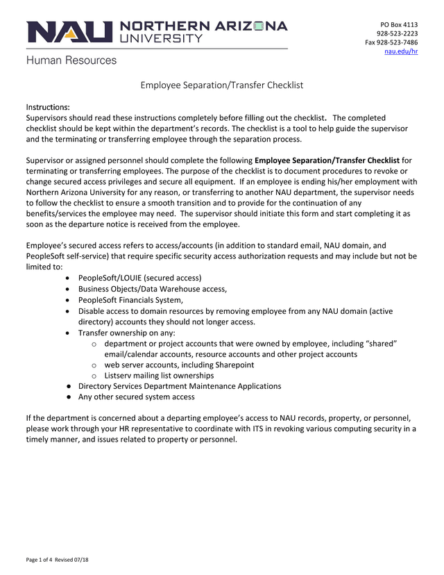 Employee SeparationTransfer Checklist screenshot